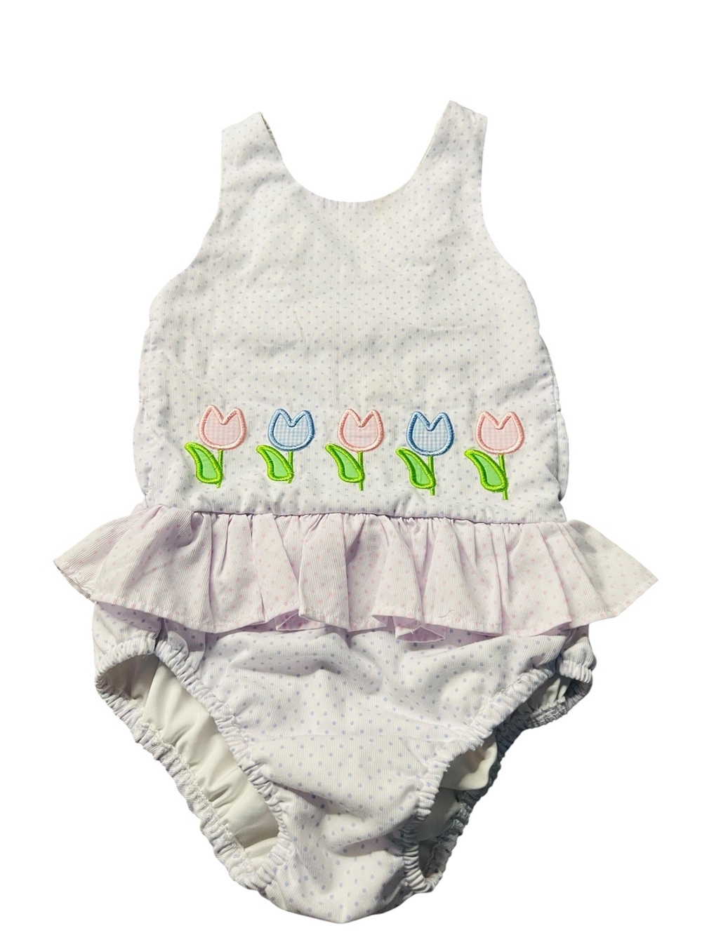Cecil and Lou Girls' White Tulip Ruffle Polkadots One-Piece Swimsuit Size 8